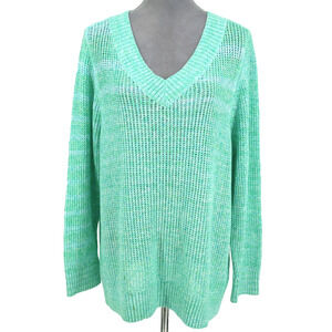Talbots Sweater Plus Size 2X Green Cotton Chunky Knit Tunic Pullover V neck